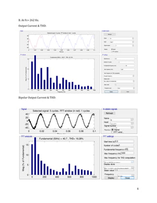 6
B. At Fc= 262 Hz.
Output Current & THD:
Bipolar Output Current & THD:
0 0.01 0.02 0.03 0.04 0.05 0.06 0.07 0.08 0.09 0.1
-40
-20
0
20
40
Selected signal: 5 cycles. FFT window (in red): 1 cycles
Time (s)
0 100 200 300 400 500 600 700 800 900 1000
0
5
10
15
Frequency (Hz)
Fundamental (50Hz) = 38.57 , THD= 23.13%
Mag(%ofFundamental)
0 0.02 0.04 0.06 0.08 0.1
-40
-20
0
20
40
Selected signal: 5 cycles. FFT window (in red): 1 cycles
Time (s)
0 200 400 600 800 1000
0
5
10
15
Frequency (Hz)
Fundamental (50Hz) = 40.7 , THD= 19.28%
Mag(%ofFundamental)
 