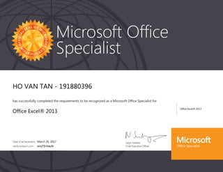 Microsoft Office Specialist Certificate - Excel 2013 Module