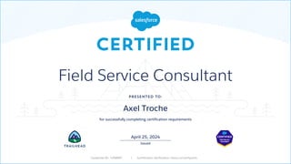 Presented to:
for successfully completing certification requirements
Issued
Credential ID: | Certification Verification: sforce.co/verifycerts
Field Service Consultant
Axel Troche
April 25, 2024
4358897
 