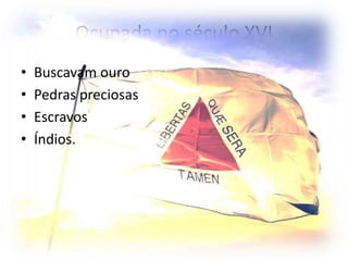 Ocupada no século XVI
• Buscavam ouro
• Pedras preciosas
• Escravos
• Índios.
 