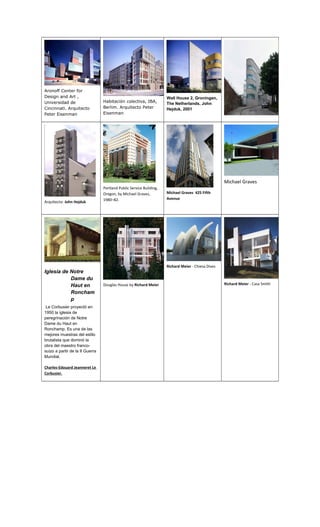 Aronoff Center for
Design and Art ,
Universidad de
Cincinnati. Arquitecto
Peter Eisenman
Habitación colectiva, IBA,
Berlim. Arquitecto Peter
Eisenman
Wall House 2, Groningen,
The Netherlands, John
Hejduk, 2001
Arquitecto: John Hejduk
Portland Public Service Building,
Oregon, by Michael Graves,
1980–82.
Michael Graves 425 Fifth
Avenue
Michael Graves
Iglesia de Notre
Dame du
Haut en
Roncham
p
Le Corbusier proyectó en
1950 la iglesia de
peregrinación de Notre
Dame du Haut en
Ronchamp. Es una de las
mejores muestras del estilo
brutalista que dominó la
obra del maestro franco-
suizo a partir de la II Guerra
Mundial.
Charles-Edouard Jeanneret Le
Corbusier.
Douglas House by Richard Meier
Richard Meier - Chiesa Dives
Richard Meier - Casa Smith
 