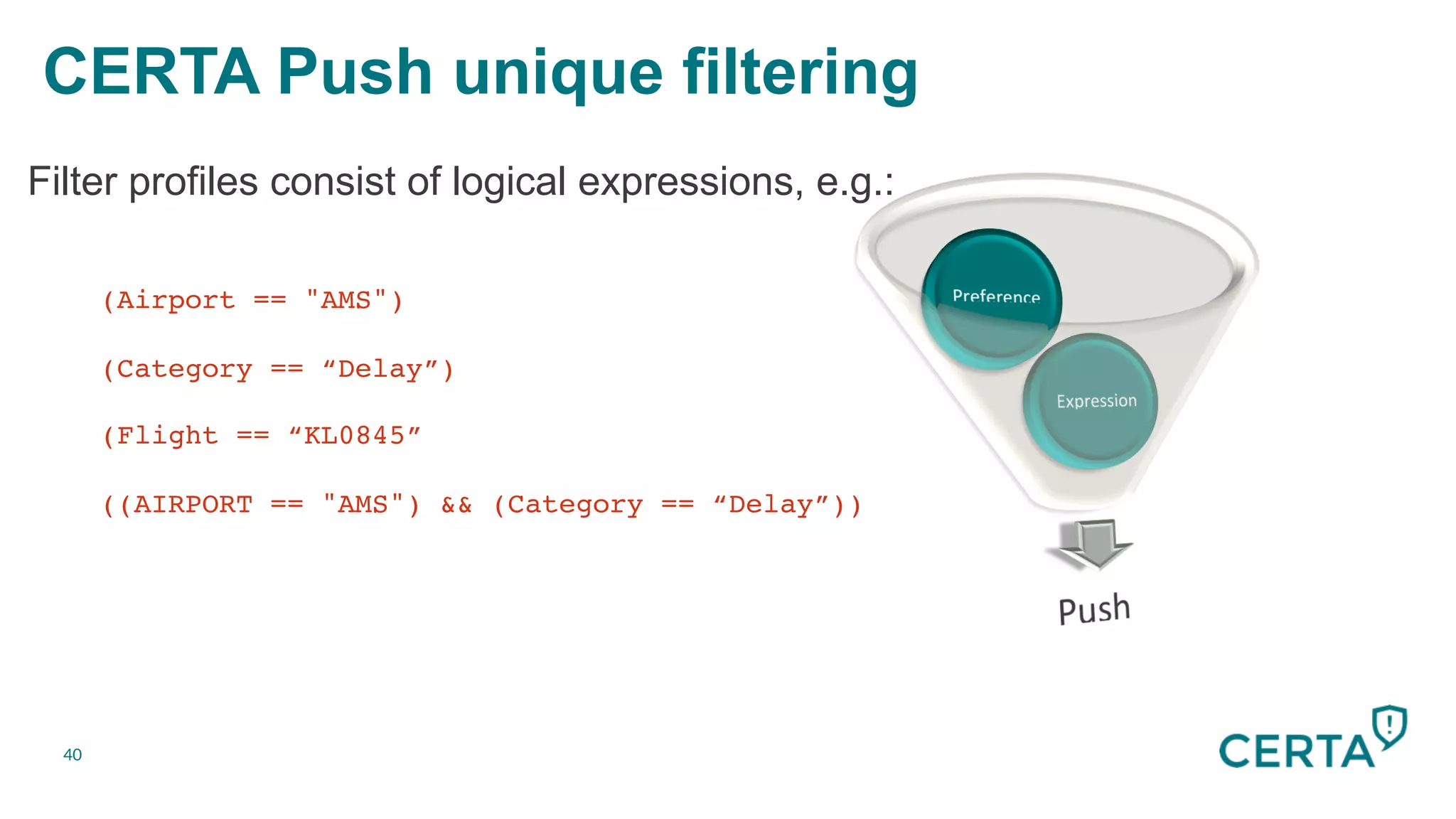 40
Filter profiles consist of logical expressions, e.g.:
!(Airport == "AMS")!
!
!(Category == “Delay”)!
!
!(Flight == “KL0845”!
!
!((AIRPORT == "AMS") && (Category == “Delay”))!
CERTA Push unique filtering
 