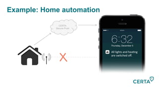 Example: Home automation
CERTA
Secure Push
All	
  lights	
  and	
  hea-ng	
  
are	
  switched	
  oﬀ.	
  
 
