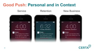 26
Good Push: Personal and in Context
Service Retention New Business
Emesa now
Bied vandaag mee op Robin!
Thicke kaarten en maak kans
op een VIP arrangement!!
schuif om te bekijken
!
Emesa now
De veiling, 2 overnachtingen
voor 2 personen in hartje
Amsterdam loopt bijna af. !
schuif om te bekijken
!
Emesa now
Hi Marc, jouw favoriete veiling!
Is weer online. Bekijk hem in de
app. schuif om te bekijken
!
 