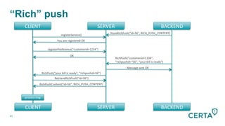 41
“Rich” push
CLIENT	
  
CLIENT	
  
SERVER	
  
SERVER	
  
BACKEND	
  
BACKEND	
  
registerService()	
  
You	
  are	
  registered	
  OK	
  
registerPreference(“customerid=1234”)	
  
OK	
  
RichPush(“customerid=1234”,	
  	
  
“richpushid=“56”,	
  “your	
  bill	
  is	
  ready”)	
  
Message	
  sent	
  OK	
  
RichPush(“your	
  bill	
  is	
  ready”,	
  “richpushid=56”)	
  
process	
  msg	
  
RetrieveRichPush(“id=56”)	
  
StoreRichPush(“id=56”,	
  RICH_PUSH_CONTENT)	
  
RichPushContent(“id=56”,	
  RICH_PUSH_CONTENT)	
  
 