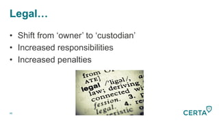 Legal…
48
•  Shift from ‘owner’ to ‘custodian’
•  Increased responsibilities
•  Increased penalties
 