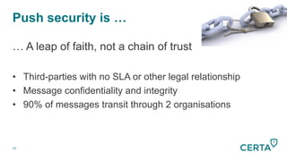 Push security is …
59
… A leap of faith, not a chain of trust
•  Third-parties with no SLA or other legal relationship
•  Message confidentiality and integrity
•  90% of messages transit through 2 organisations
 