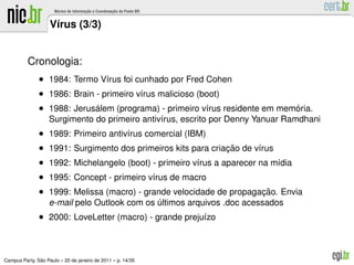 V´rus (3/3)
                     ı


          Cronologia:
               • 1984: Termo V´rus foi cunhado por Fred Cohen
                                ı
               • 1986: Brain - primeiro v´rus malicioso (boot)
                                         ı
               • 1988: Jerusalem (programa) - primeiro v´rus residente em memoria.
                             ´                            ı                  ´
                   Surgimento do primeiro antiv´rus, escrito por Denny Yanuar Ramdhani
                                               ı
               • 1989: Primeiro antiv´rus comercial (IBM)
                                     ı
               • 1991: Surgimento dos primeiros kits para criacao de v´rus
                                                              ¸˜      ı
               • 1992: Michelangelo (boot) - primeiro v´rus a aparecer na m´dia
                                                       ı                   ı
               • 1995: Concept - primeiro v´rus de macro
                                           ı
               • 1999: Melissa (macro) - grande velocidade de propagacao. Envia
                                                                     ¸˜
                   e-mail pelo Outlook com os ultimos arquivos .doc acessados
                                              ´
               • 2000: LoveLetter (macro) - grande preju´zo
                                                        ı



               ˜
Campus Party, Sao Paulo – 20 de janeiro de 2011 – p. 14/35
 