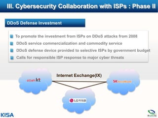 III. Cybersecurity Collaboration with ISPs : Phase II

DDoS Defense Investment

 • To promote the investment from ISPs on DDoS attacks from 2008
 •   DDoS service commercialization and commodity service
 •   DDoS defense device provided to selective ISPs by government budget
 •   Calls for responsible ISP response to major cyber threats



                          Internet Exchange(IX)
 