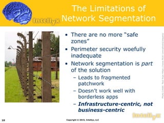 The Limitations of
Network Segmentation
• There are no more “safe
zones”
• Perimeter security woefully
inadequate
• Networ...