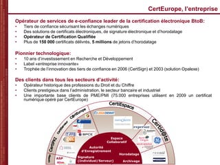 CertEurope, l’entreprise
4
Opérateur de services de e-confiance leader de la certification électronique BtoB:
• Tiers de c...