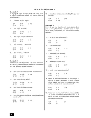 4
EJERCICIOS PROPUESTOS
Enunciado I
De un juego de naipes (52 naipes, 13 de cada palo), ¿cuán-
tas hay que extraer como mínimo para tener la certeza de
haber obtenido ...
01. ... un naipe de color negro?
a) 1 b) 2 c) 266
d) 27 e) 25
02. ... dos naipes de trébol?
a) 39 b) 40 c) 41
d) 42 e) 43
03. ... tres naipes pares de color negro?
a) 40 b) 41 c) 42
d) 43 e) 44
04. ... dos corazones y 1 diamante?
a) 40 b) 41 c) 42
d) 43 e) 44
05. ... tres espadas y 2 tréboles?
a) 40 b) 42 c) 43
d) 45 e) 41
Enunciado II
Dentro de una urna depositamos 120 esferas numeradas
del 1 al 120, ¿cuántas esferas hay que extraer como mínimo
para tener la certeza de haber obtenido ...
06. ... una esfera con numeración que termine en cero?
a) 12 b) 100 c) 108
d) 109 e) 110
07. ... una esfera de cifras iguales?
a) 109 b) 100 c) 110
d) 111 e) 108
08. ... una esfera con numeración par?
a) 60 b) 61 c) 70
d) 80 e) 103
09. ... dos esferas cuya numeración estén comprendidas
entre 50 y 70?
a) 99 b) 101 c) 103
d) 105 e) 102
10. ... tres esferas comprendidas entre 80 y 110, que sean
impares?
a) 91 b) 94 c) 96
d) 100 e) 108
Enunciado III
Dentro de una urna depositamos 6 esferas blancas, 8 ne-
gras, 12 rojas y 15 amarillas. ¿Cuántas esferas se deben
extraer al azar y como mínimo para tener la certeza de haber
obtenido ...
11. ... un par de uno de los colores?
a) 2 b) 4 c) 6
d) 5 e) 8
12. ... cinco esferas rojas?
a) 16 b) 30 c) 32
d) 34 e) 33
13. ... dos negras y tres amarillas?
a) 29 b) 30 c) 32
d) 35 e) 33
14. ... dos blancas y cuatro rojas?
a) 33 b) 35 c) 37
d) 39 e) 36
15. ... por lo menos una de cada color?
a) 32 b) 34 c) 36
d) 38 e) 37
16. Dentro de una urna depositamos 12 esferas rojas, 15
blancas, 20 negras, 36 azules y 52 verdes, ¿cuántas
esferas hay que sacar como mínimo para estar seguro
de haber extraído 12 de uno de los colores?
a) 50 b) 55 c) 56
d) 102 e) 58
17. Cesitar tiene en una urna 12 fichas numeradas del 1 al
12, ¿cuál es el mínimo número de fichas que ha de
extraer para tener la certeza de haber obtenido 3 fichas
numeradas consecutivas?
a) 2 b) 4 c) 6
d) 7 e) 9
 