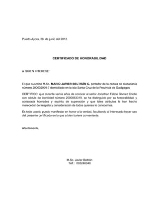 Certficado de honorabilidad