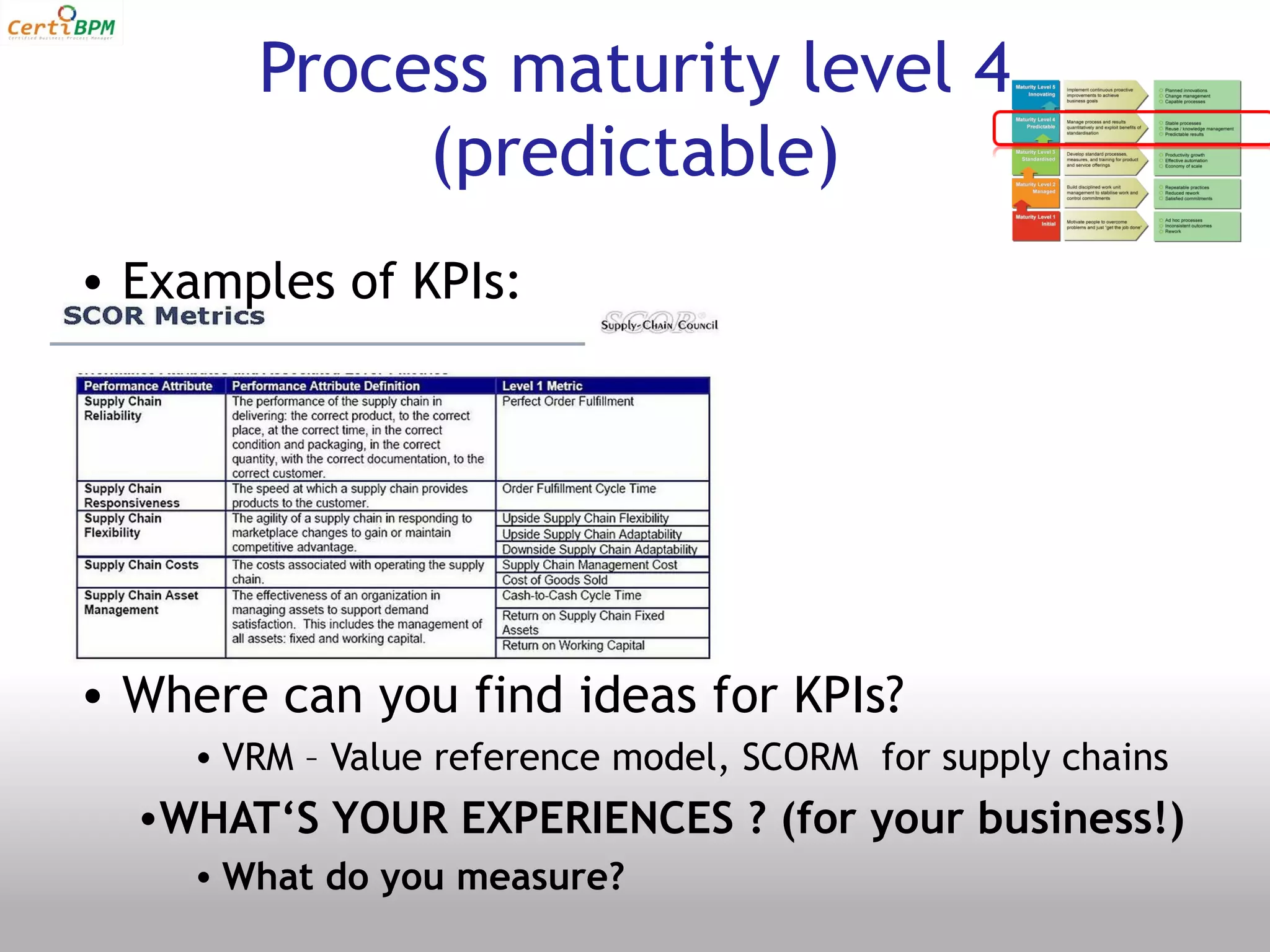 Process maturity level 4
            (predictable)
• Examples of KPIs:




• Where can you find ideas for KPIs?
    • VRM – Value reference model, SCORM for supply chains
  •WHAT‘S YOUR EXPERIENCES ? (for your business!)
    • What do you measure?
 