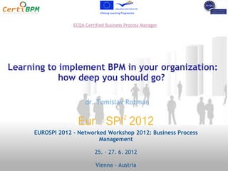 ECQA Certified Business Process Manager




Learning to implement BPM in your organization:
            how deep you should go? 

                       dr. Tomislav Rozman



     EUROSPI 2012 - Networked Workshop 2012: Business Process
                           Management

                            25. – 27. 6. 2012

                            Vienna - Austria
 