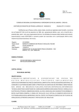 PÁG: 1/2
                                                                                                                DATA: 14/11/2012




                                                          SERVIÇO PÚBLICO FEDERAL


                            CONSELHO REGIONAL DE ENGENHARIA E AGRONOMIA DO RIO DE JANEIRO - CREA-RJ


                      CERTIDÃO DE REGISTRO DE PESSOA JURÍDICA Nº: 166355/2012                        VÁLIDA ATÉ: 31/12/2012


                              Certificamos que a Pessoa Jurídica, abaixo citada, encontra-se registrada neste Conselho, nos termos
                   da Lei Federal Nº 5194, de 24 de dezembro de 1966, não apresentando débitos para com o Crea-RJ até a
                   presente data, assim como seus responsáveis técnicos. As atividades da empresa estão restritas ao(s) ramo(s)
                   especificado(s) nesta CERTIDÃO e somente podem ser exercidas com a participação efetiva do(s)
                   respectivo(s)responsável(eis) técnico(s).


                   Registro:           2012200824
                   Razão Social:       BARNATO COMERCIO DE PECAS E VEICULOS LTDA ME
                   CNPJ:               02.645.244/0001-57
                   Data Registro:      13/08/2012
                   Endereço            RODOVIA BR 101 KM 265 PARTE PRACA CRUZEIRO - RIO
                                       BONITO - RJ , CEP: 28800-000




                   RAMOS ATIVIDADE :

                   3022-0           OS ENG MECANICA / SERVICOS DE
                                    INSTALACAO,MONTAGEM,




                   CAPITAL SOCIAL:

                             R$ 50.000,00 (MATRIZ)


                   OBJETO SOCIAL:
                   C O M E R C I O , I M P O R T A C A O          E      E X P O R T A C A O         D E      P E C A S      D E
                   A U T O S , M O T O C I C L E T A S , T R A T O R E S , I M P L E M E N T O S
                   AGRICOLAS,FERRAMENTAS,PNEUS,AGREGADOS,LUBRIFICATES,TINTAS,ACESSORIOS,MATERIAL DE
                   CONSUMO E ELETRONICOS,BEM COMO A PRESTACAO DE SERVICOS DE REFORMA E MANUTENCAO
                   NAS      AREAS      DE   MECANICA,FUNILARIA,PINTURA,REPARACAO,INFORMACAO
                   TECNICA,ASSISTENCIA,MONTAGEM DE AGREGADOS,BORRACHARIA,MANUTENCAO HIDRAULICA E
                   ELETRICA/ELETRONICA EMBARCADA,DIESEL,ALCOOL,GASOLINA,GNV,DIAGNOSTICOS,BOMBAS E
                   BICOS INJETORES,COMPRA E VENDA DE VEICULOS LOJA VIRTUAL,E-COMERCE,SERVICOS DE
                   PLOTAGEM,ADESIVACAO,IMPRESSAO DIGITAL,CORTE ELETRONICO,CONFECCAO DE PLACAS DE
                   SINALIZACAO,LETREIROS,CRACHAS E INSTALACAO DE INSULFILM.


                   CLASSE:


_______________________________________________________________________________________________________________________________
                               Rua Buenos Aires nº 40 - Centro |   PABX: (21) 2179-2000   | www.crea-rj.org.br
                      Rio de Janeiro - RJ - 20070-022 | CENTRAL DE RELACIONAMENTO: (21) 2179-2007 | crea-rj@crea-rj.org.br
 