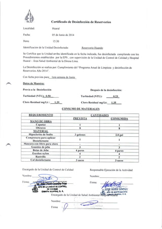 Certificado de desinfeciòn de reservorio de EMAPA Huaral
