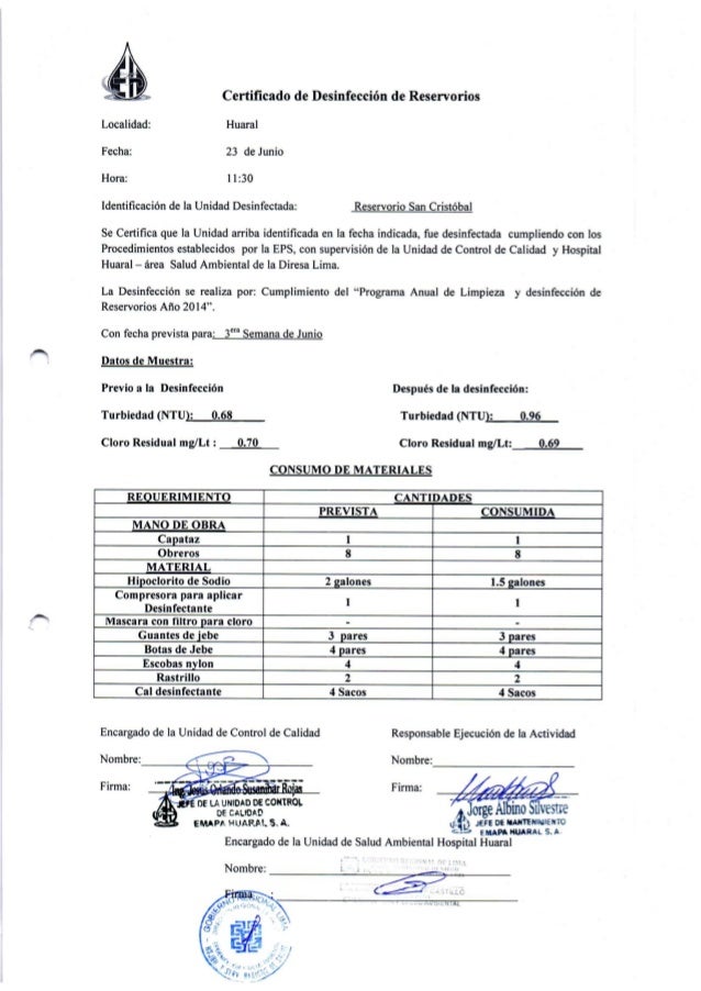 Certificado de desinfeciòn de reservorio de