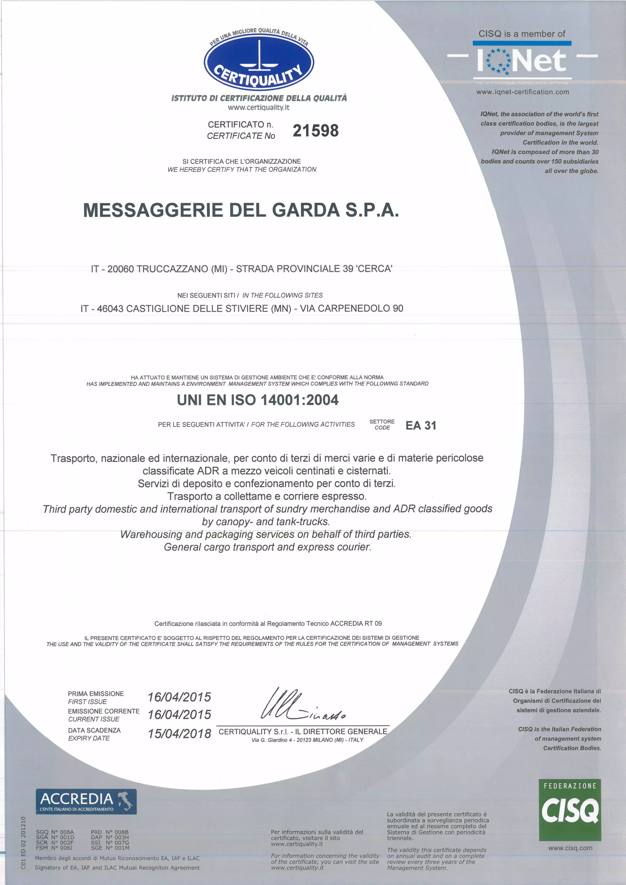 Certif Iso 14001 Mdg Nr 21598 Ambiente Pdf Certif Iso 14001 Mdg Nr 21598 Ambiente Pdf