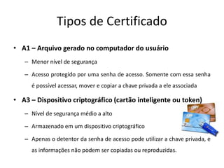 Tipos de Certificado
• A1 – Arquivo gerado no computador do usuário
– Menor nível de segurança
– Acesso protegido por uma senha de acesso. Somente com essa senha
é possível acessar, mover e copiar a chave privada a ele associada
• A3 – Dispositivo criptográfico (cartão inteligente ou token)
– Nível de segurança médio a alto
– Armazenado em um dispositivo criptográfico
– Apenas o detentor da senha de acesso pode utilizar a chave privada, e
as informações não podem ser copiadas ou reproduzidas.
 