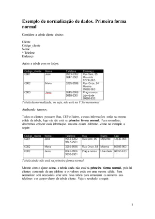 5 
Exemplo de normalização de dados. Primeira forma 
normal 
Considere a tabela cliente abaixo: 
Cliente 
Código_cliente 
Nome 
* Telefone 
Endereço 
Agora a tabela com os dados: 
Tabela desnormalizada, ou seja, não está na 1ª forma normal 
Analisando teremos: 
Todos os clientes possuem Rua, CEP e Bairro, e essas informações estão na mesma 
célula da tabela, logo ela não está na primeira forma normal. Para normalizar, 
deveremos colocar cada informação em uma coluna diferente, como no exemplo a 
seguir: 
Tabela ainda não está na primeira forma normal 
Mesmo com o ajuste acima, a tabela ainda não está na primeira forma normal, pois há 
clientes com mais de um telefone e os valores estão em uma mesma célula. Para 
normalizar será necessário criar uma nova tabela para armazenar os números dos 
telefones e o campo-chave da tabela cliente. Veja o resultado a seguir: 
 