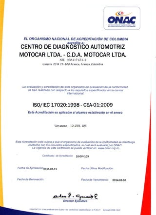Certificación acreditación onac 10 oin-103