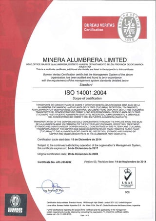 Minera Alumbrera recertificó la Norma ISO 14.001
