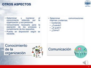|
|
OTROS ASPECTOS
9
• Determinar y mantener el
conocimiento obtenido por la
organización y sus personas.
• Conocimiento necesario para: la
operación de los procesos y
cumplimiento de los requisitos.
• Puesto en disposición según se
necesite.
Conocimiento
de la
organización
• Determinar comunicaciones
internas y externas:
• Contenido
• ¿Cuándo?
• ¿A quién?
• ¿Cómo?
Comunicación
 