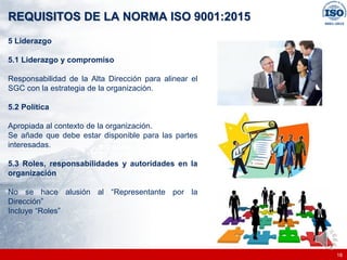 |
|
REQUISITOS DE LA NORMA ISO 9001:2015
18
5 Liderazgo
5.1 Liderazgo y compromiso
Responsabilidad de la Alta Dirección para alinear el
SGC con la estrategia de la organización.
5.2 Política
Apropiada al contexto de la organización.
Se añade que debe estar disponible para las partes
interesadas.
5.3 Roles, responsabilidades y autoridades en la
organización
No se hace alusión al “Representante por la
Dirección”
Incluye “Roles”
 