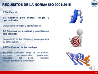 |
|
REQUISITOS DE LA NORMA ISO 9001:2015
19
6 Planificación
6.1 Acciones para abordar riesgos y
oportunidades
Evaluación de riesgos y oportunidades.
6.2 Objetivos de la calidad y planificación
para lograrlos
Seguimiento de los objetivos y programa para
su consecución.
6.3 Planificación de los cambios
Se debe considerar antes de un cambio:
propósito, consecuencias potenciales,
integridad del SGC, recursos,
responsabilidades y autoridades.
 