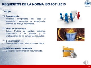 |
|
REQUISITOS DE LA NORMA ISO 9001:2015
21
7 Apoyo
7.2 Competencia
- Personal competente en base a
educación, formación o experiencia;
también se incluye habilidades.
7.3 Toma de conciencia
- Sobre: Política de calidad, objetivos,
contribución a la eficacia y las
implicaciones de no cumplir los requisitos.
7.4 Comunicación
- Comunicación tanto interna como externa
7.5 Información documentada
- Control de la información documentada.
 