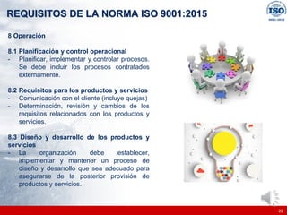 |
|
REQUISITOS DE LA NORMA ISO 9001:2015
22
8 Operación
8.1 Planificación y control operacional
- Planificar, implementar y controlar procesos.
Se debe incluir los procesos contratados
externamente.
8.2 Requisitos para los productos y servicios
- Comunicación con el cliente (incluye quejas)
- Determinación, revisión y cambios de los
requisitos relacionados con los productos y
servicios.
8.3 Diseño y desarrollo de los productos y
servicios
- La organización debe establecer,
implementar y mantener un proceso de
diseño y desarrollo que sea adecuado para
asegurarse de la posterior provisión de
productos y servicios.
 