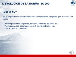 |
|
1. EVOLUCIÓN DE LA NORMA ISO 9001
¿Qué es ISO?
Es la Organización Internacional de Normalización, integrada por más de 100
países
▪ Norma productos: requisitos, ensayos, envases, equipos, etc.
▪ Norma servicios: seguridad, calidad, medio ambiente, etc.
▪ Las Normas son optativas
 