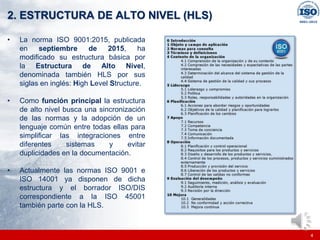 |
|
2. ESTRUCTURA DE ALTO NIVEL (HLS)
• La norma ISO 9001:2015, publicada
en septiembre de 2015, ha
modificado su estructura básica por
la Estructura de Alto Nivel,
denominada también HLS por sus
siglas en inglés: High Level Structure.
• Como función principal la estructura
de alto nivel busca una sincronización
de las normas y la adopción de un
lenguaje común entre todas ellas para
simplificar las integraciones entre
diferentes sistemas y evitar
duplicidades en la documentación.
• Actualmente las normas ISO 9001 e
ISO 14001 ya disponen de dicha
estructura y el borrador ISO/DIS
correspondiente a la ISO 45001
también parte con la HLS.
4
 