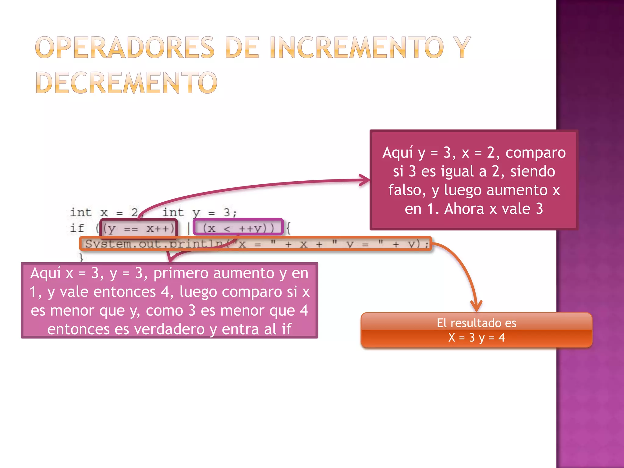 Aquí y = 3, x = 2, comparo
                                             si 3 es igual a 2, siendo
                                            falso, y luego aumento x
                                               en 1. Ahora x vale 3



Aquí x = 3, y = 3, primero aumento y en
1, y vale entonces 4, luego comparo si x
es menor que y, como 3 es menor que 4
                                                   El resultado es
   entonces es verdadero y entra al if               X=3y=4
 