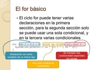 El for básico
 El ciclo for puede tener varias
declaraciones en la primera
sección, para la segunda sección solo
se puede usar una sola condicional, y
en la tercera varias condicionales
Declaración de varias
variables de un mismo tipo
Una sola condicional
compuesta
Se manejan dos
condicionales separadas
por comas
 