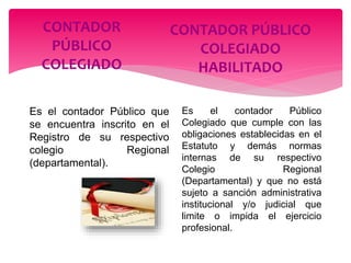 CONTADOR
PÚBLICO
COLEGIADO
Es el contador Público que
se encuentra inscrito en el
Registro de su respectivo
colegio Regional
(departamental).
Es el contador Público
Colegiado que cumple con las
obligaciones establecidas en el
Estatuto y demás normas
internas de su respectivo
Colegio Regional
(Departamental) y que no está
sujeto a sanción administrativa
institucional y/o judicial que
limite o impida el ejercicio
profesional.
CONTADOR PÚBLICO
COLEGIADO
HABILITADO
 
