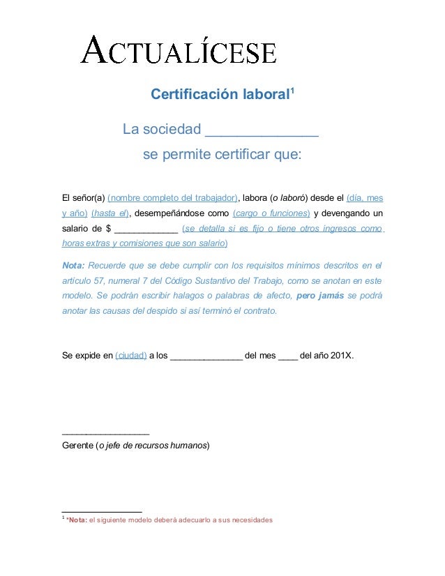 Modelo Carta De Certificacion Laboral - Modelo de Informe