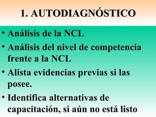 1. AUTODIAGNÓSTICO
• Análisis de la NCL
• Análisis del nivel de competencia
  frente a la NCL
• Alista evidencias previas si las
  posee.
• Identifica alternativas de
  capacitación, si aún no está listo
 