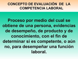 CONCEPTO DE EVALUACIÓN DE LA
       COMPETENCIA LABORAL


  Proceso por medio del cual se
obtiene de una persona, evidencias
 de desempeño, de producto y de
    conocimiento, con el fin de
determinar si es competente, o aún
 no, para desempeñar una función
              laboral.
 