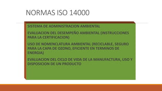 NORMAS ISO 14000
SISTEMA DE ADMINISTRACION AMBIENTAL
EVALUACION DEL DESEMPEÑO AMBIENTAL (INSTRUCCIONES
PARA LA CERTIFICACION)
USO DE NOMENCLATURA AMBIENTAL (RECICLABLE, SEGURO
PARA LA CAPA DE OZONO, EFICIENTE EN TERMINOS DE
ENERGIA)
EVALUACION DEL CICLO DE VIDA DE LA MANUFACTURA, USO Y
DISPOSICION DE UN PRODUCTO
 