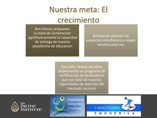 Nuestra meta: El
crecimiento
Nos hemos propuesto
la meta de incrementar
significativamente la capacidad
de entrega de nuestra
plataforma de educación

Brindando atención de
proyectos simultáneos y mayor
tamaño cada vez.

Para ello, hemos decidido
implementar un programa de
certificación de facilitadores
que nos dote de mayores
capacidades de atención del
mercado nacional

 