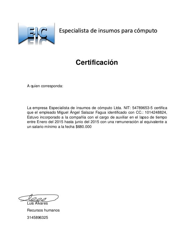 Formato Ejemplo Carta Certificacion Laboral - prestamos 