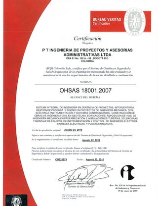 Certificacion ohsas 18001 2010 vigente