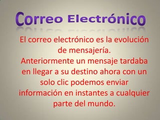 El correo electrónico es la evolución
            de mensajería.
 Anteriormente un mensaje tardaba
 en llegar a su destino ahora con un
       solo clic podemos enviar
información en instantes a cualquier
           parte del mundo.
 
