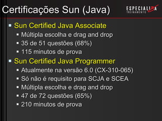 Certificações Sun (Java) Sun Certified Java Associate Múltipla escolha e drag and drop 35 de 51 questões (68%) 115 minutos de prova Sun Certified Java Programmer Atualmente na versão 6.0 (CX-310-065) Só não é requisito para SCJA e SCEA Múltipla escolha e drag and drop 47 de 72 questões (65%) 210 minutos de prova 