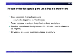 Recomendações gerais para uma área de arquitetura


       Criar processos de arquitetura ágeis
        – documentos de padrões com flexibilidade;
       Prover acesso a uma base de conhecimento de arquitetura;
       Envolver profissionais de arquitetura mais cedo nos desenvolvimentos
       de projetos;
       Divulgar os processos e competências da arquitetura;




58
 