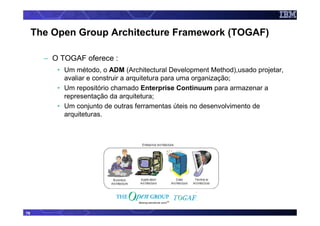 The Open Group Architecture Framework (TOGAF)

       – O TOGAF oferece :
          • Um método, o ADM (Architectural Development Method),usado projetar,
            avaliar e construir a arquitetura para uma organização;
          • Um repositório chamado Enterprise Continuum para armazenar a
            representação da arquitetura;
          • Um conjunto de outras ferramentas úteis no desenvolvimento de
            arquiteturas.




76
 