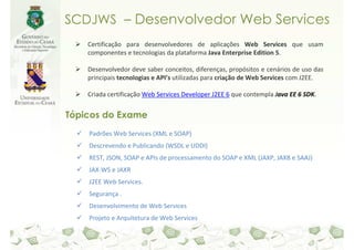 SCDJWS – Desenvolvedor Web Services
    Certificação para desenvolvedores de aplicações Web Services que usam
    componentes e tecnologias da plataforma Java Enterprise Edition 5.

    Desenvolvedor deve saber conceitos, diferenças, propósitos e cenários de uso das
    principais tecnologias e API’s utilizadas para criação de Web Services com J2EE.

    Criada certificação Web Services Developer J2EE 6 que contempla Java EE 6 SDK.


Tópicos do Exame
    Padrões Web Services (XML e SOAP)
    Descrevendo e Publicando (WSDL e UDDI)
    REST, JSON, SOAP e APIs de processamento do SOAP e XML (JAXP, JAXB e SAAJ)
    JAX-WS e JAXR
    J2EE Web Services.
    Segurança .
    Desenvolvimento de Web Services
    Projeto e Arquitetura de Web Services
 