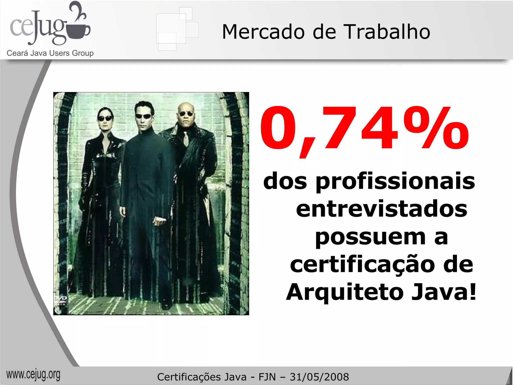 Mercado de Trabalho 0,74%   dos profissionais entrevistados possuem a certificação de Arquiteto Java! Certificações Java - FJN – 31/05/2008 